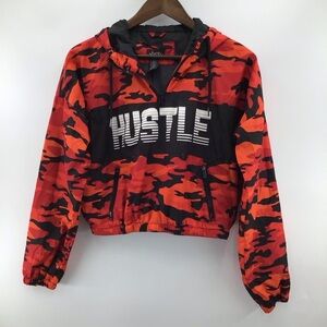 Justify Woman,s HUSTLE Red and Black Camo Crop Wind Breaker Jacket